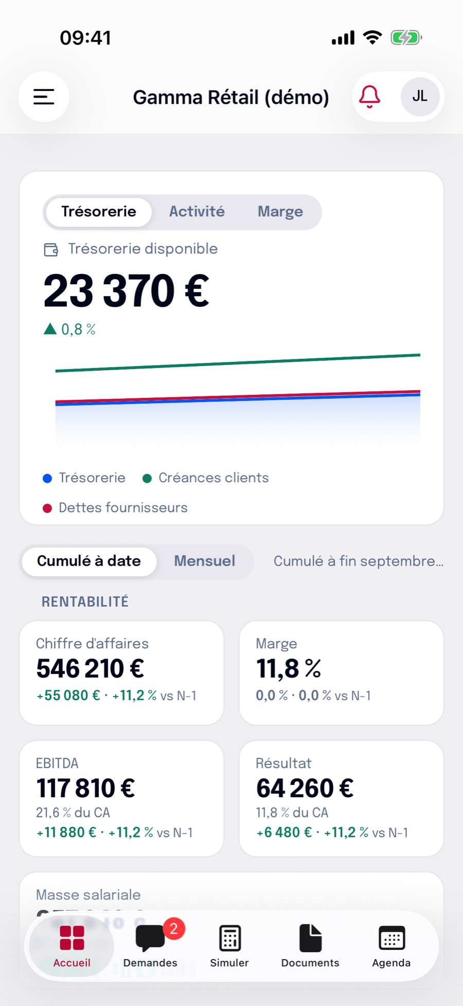 Écran d'accueil de l'application MyCECCA avec la trésorerie et les indicateurs.